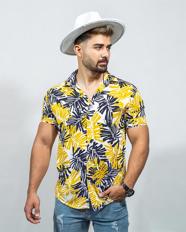 پيراهن هاوايي زرد مردانه مدل Hogo