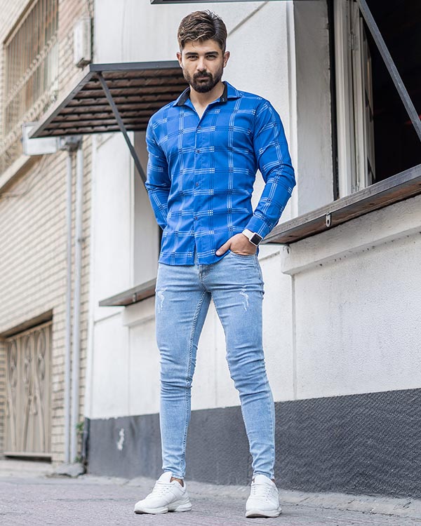 پیراهن چهار خونه آبی روشن مردانه مدل Siyam