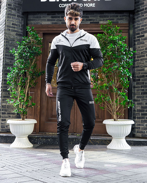 ست سوييشرت شلوار سفيد مشكي مردانه مدلBoss