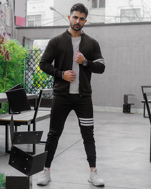 ست سوییشرت شلوار مردانه مشکی خط دار مدل TAKTA
