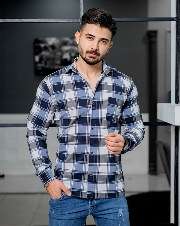 پیراهن مردانه چهارخونه سفید آبی مدل tones