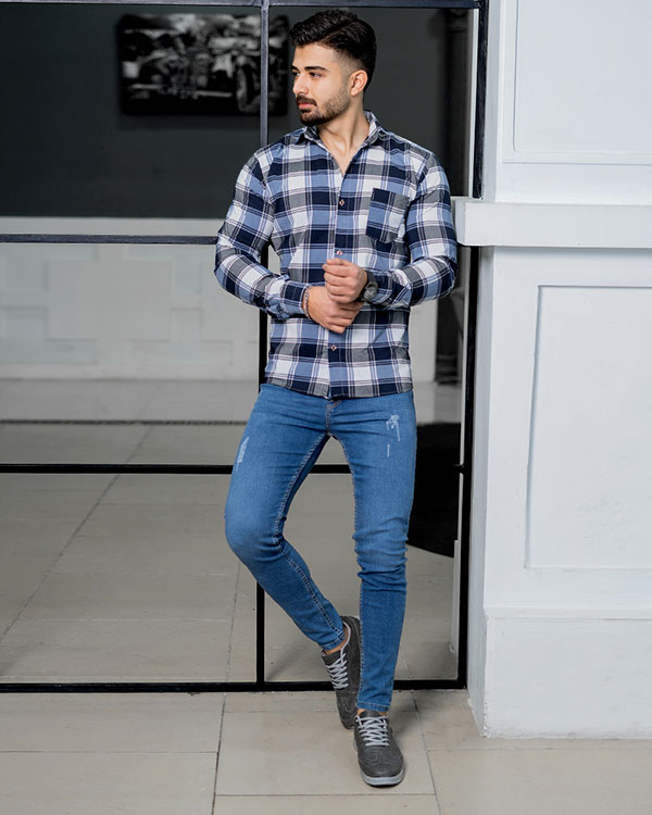 پیراهن مردانه چهارخونه سفید آبی مدل tones