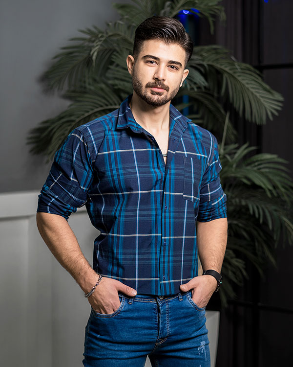 پيراهن مردانه چهارخونه سرمه اي آبي مدل stok