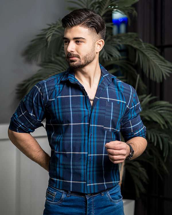 پيراهن مردانه چهارخونه سرمه اي آبي مدل stok