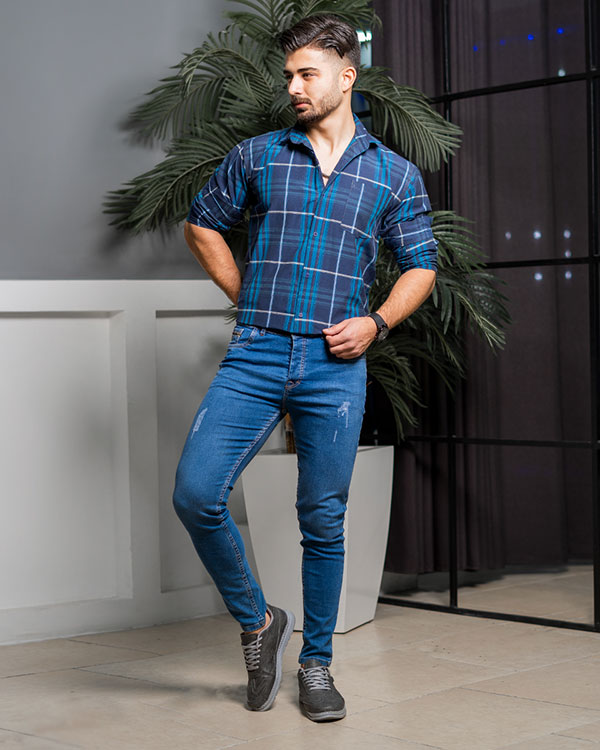 پيراهن مردانه چهارخونه سرمه اي آبي مدل stok