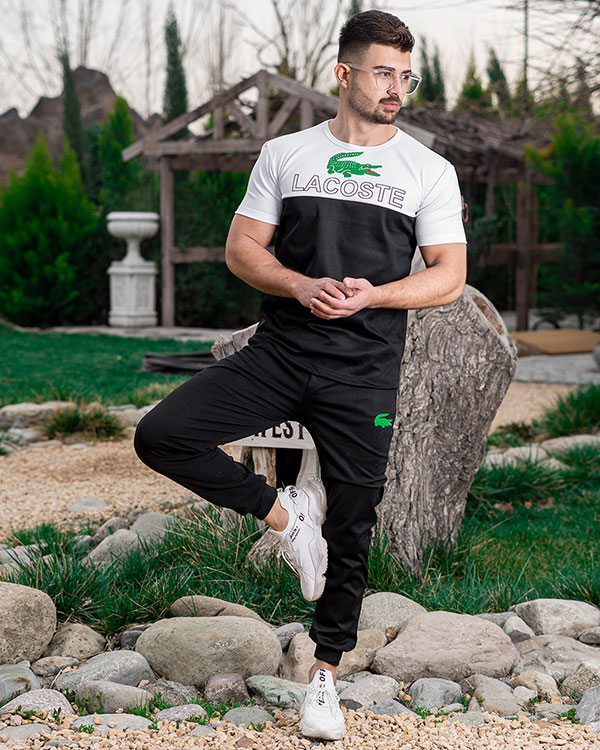 ست تیشرت شلوار مردانه سفید مشکی مدل Lacoste
