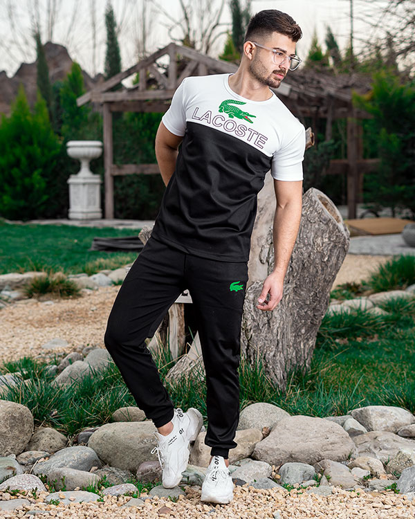 ست تیشرت شلوار مردانه سفید مشکی مدل Lacoste