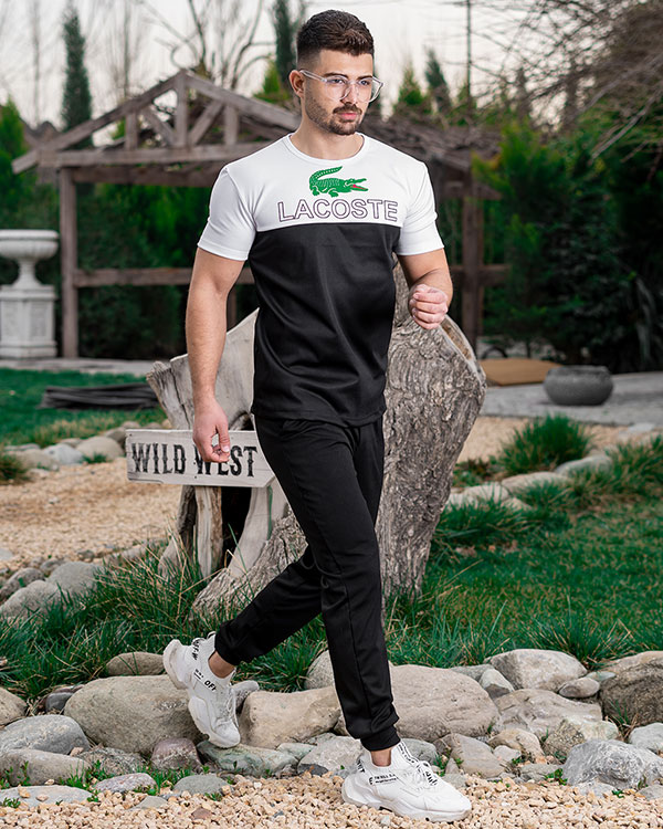 ست تیشرت شلوار مردانه سفید مشکی مدل Lacoste