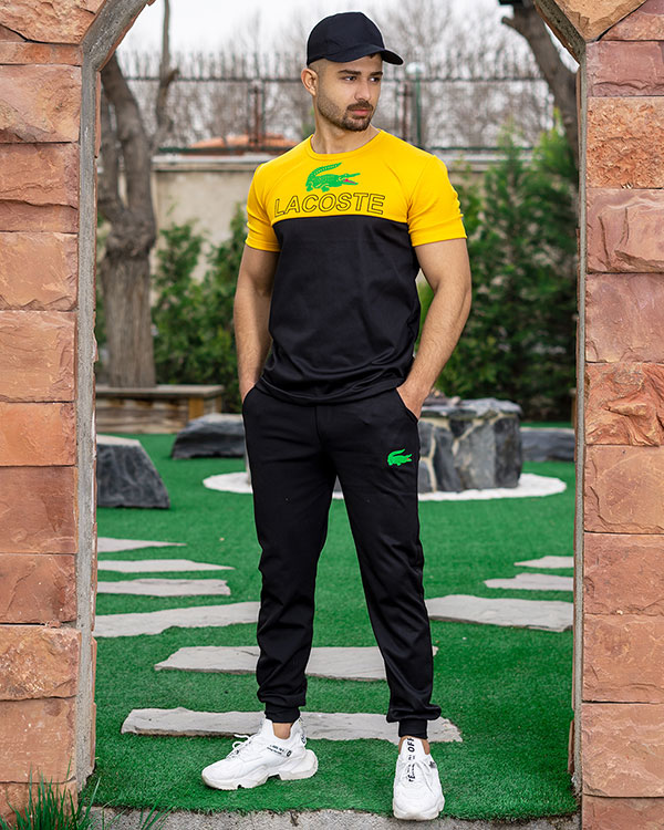ست تیشرت شلوار مردانه زرد مشکی مدلLacoste