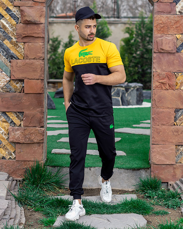 ست تیشرت شلوار مردانه زرد مشکی مدلLacoste