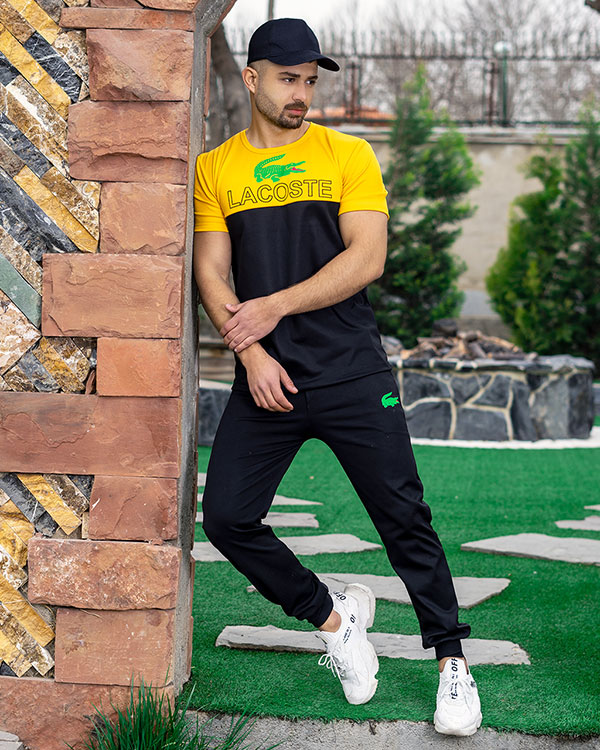 ست تیشرت شلوار مردانه زرد مشکی مدلLacoste