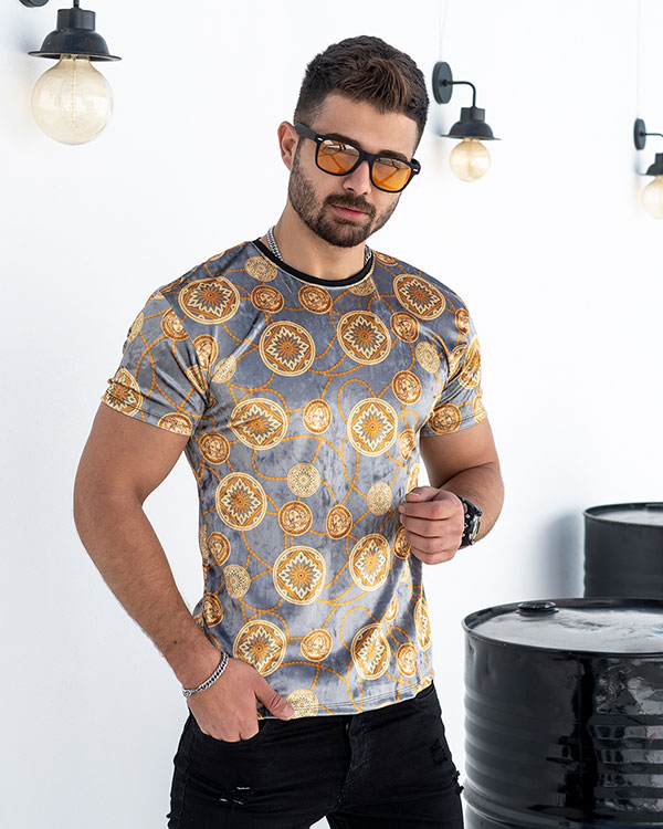 تیشرت مخمل طوسی طلایی مردانه مدل golden
