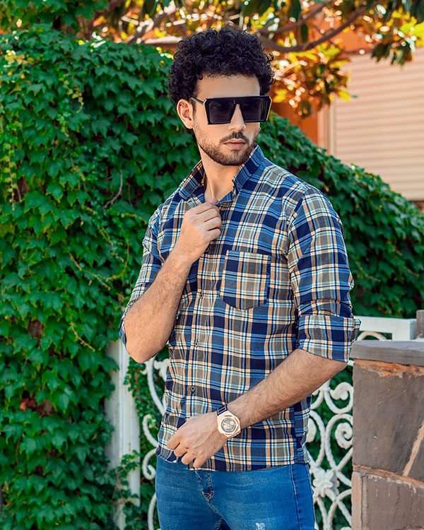 پیراهن چهارخونه مردانه آبی زرد مدل B14