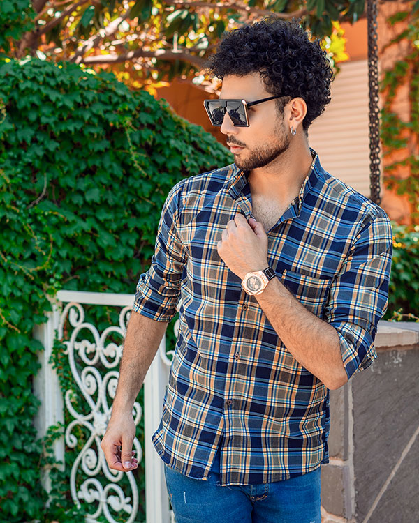 پیراهن چهارخونه مردانه آبی زرد مدل B14