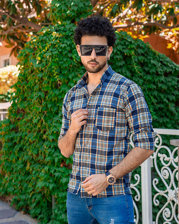 پیراهن چهارخونه مردانه آبی زرد مدل B14