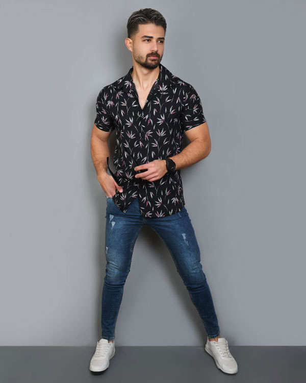 پیراهن هاوایی برگ صورتی مردانه مدل Pinko