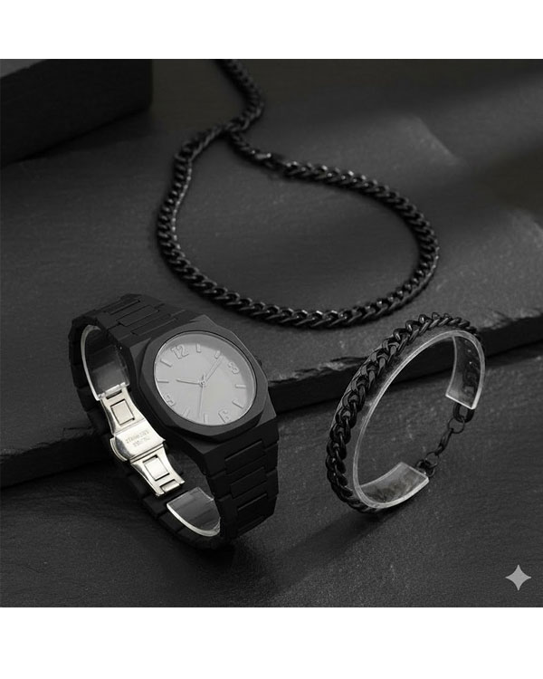 ست مردانه ساعت و دستبند و گردنبند solid black