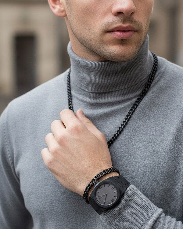 ست مردانه ساعت و دستبند و گردنبند solid black
