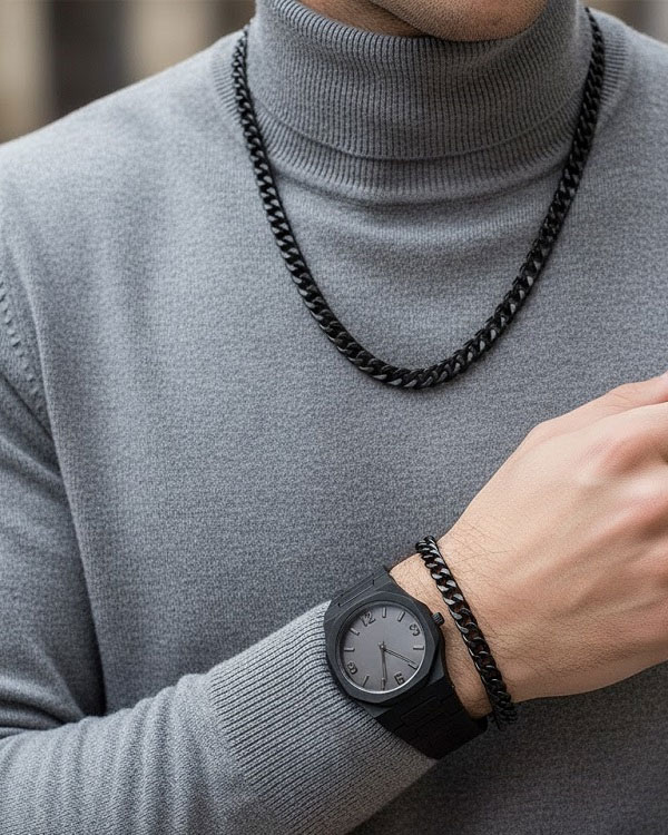 ست مردانه ساعت و دستبند و گردنبند solid black