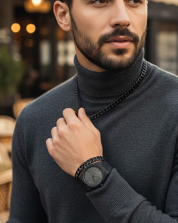 ست مردانه ساعت و دستبند و گردنبند solid black