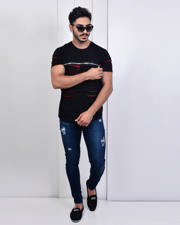 تی شرت یقه گردزاپ دار مدل 2989