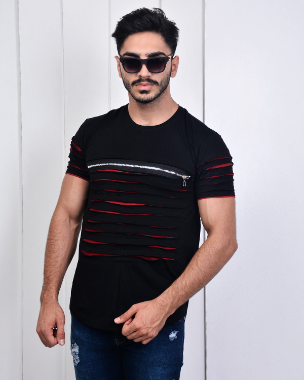تی شرت یقه گردزاپ دار مدل 2989