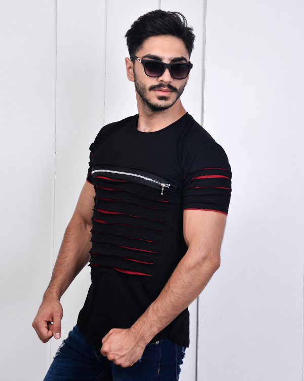 تی شرت یقه گردزاپ دار مدل 2989