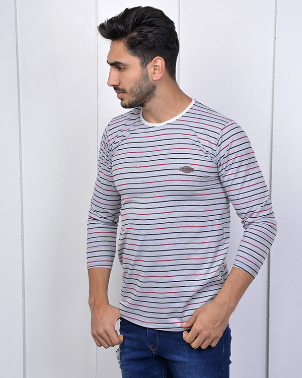 تی شرت یقه گرد راه راه رنگی مدل 2413