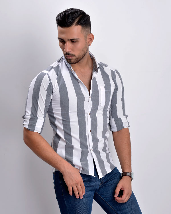 پیراهن مردانه سفید راه راه مدل 2128