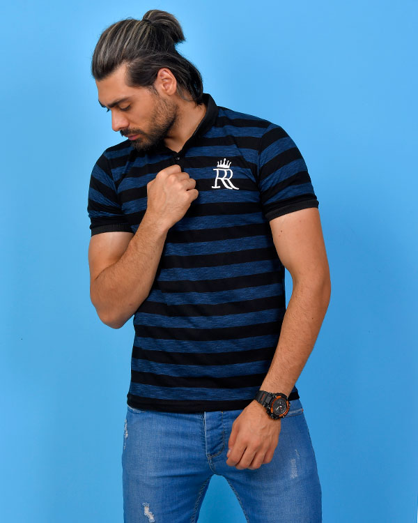 تی شرت یقه دار راه راه R مدل 0586