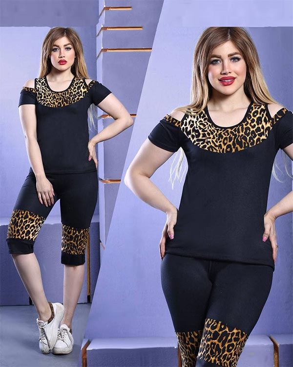 تیشرت شلوارک سرشانه باز  پلنگی مدل 4038
