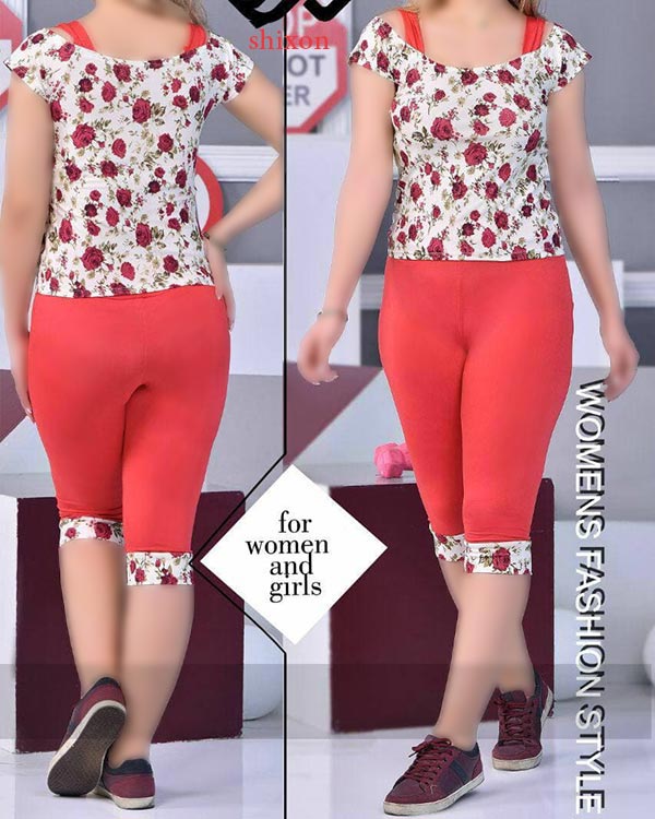 ست زنانه یقه قایقی گل دار و شلوارک مدل 2096