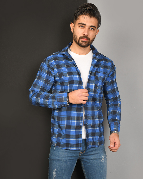 پیراهن مردانه چهارخانه تک جیب دو رنگ مدل 7023