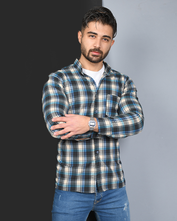 پیراهن مردانه چهارخانه تک جیب دو رنگ مدل 7026