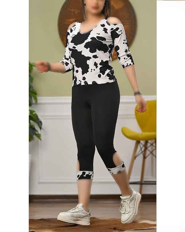 تیشرت سرشانه باز و  شلوارک گاوی  مدل 6046